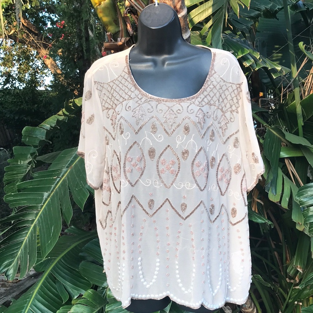 Sheer beaded and pearl top